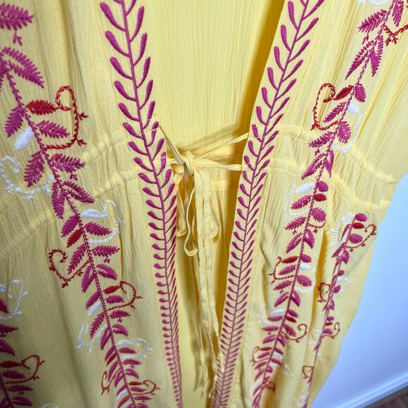 Curations Womens Kaftan Swim Coverup XL Yellow Pink Embroidered Resort Wear Boho - Picture 7 of 11